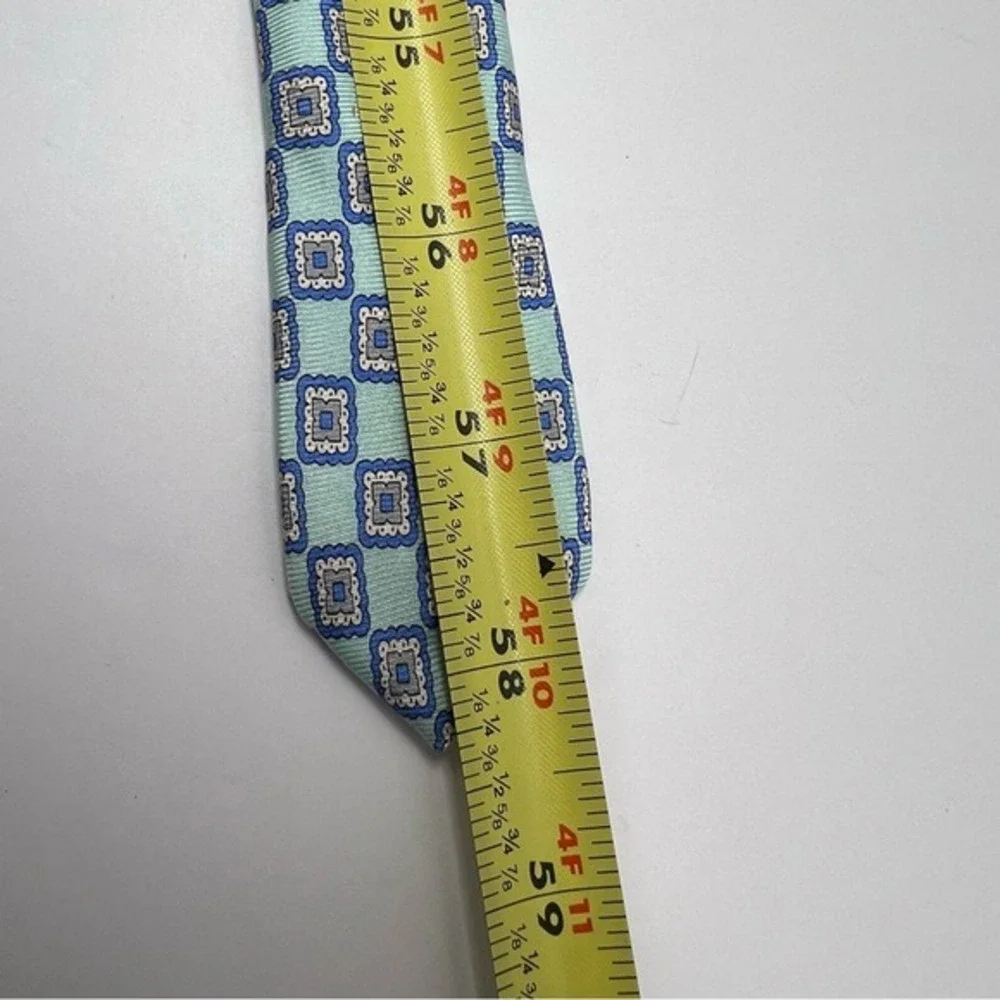 Bellinzona Silk Tie Mens Blue Grey Geometric Medallion Mint Green Hand Sewn USA